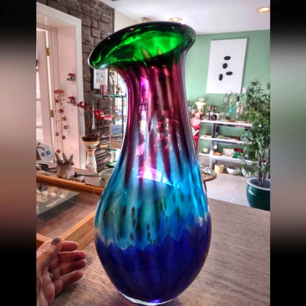 Murano Multi Color Glass Vase Vintage w Slanted Top